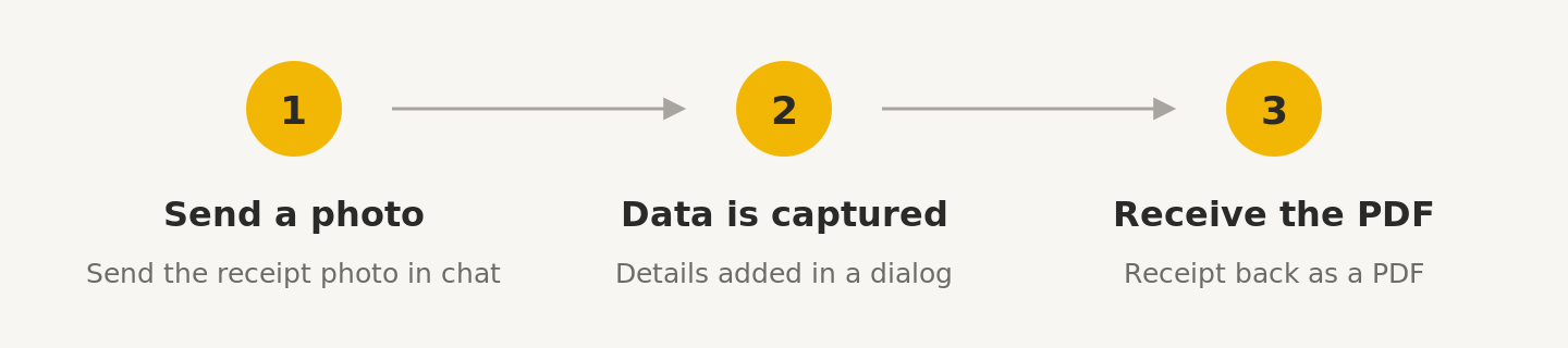 Three steps: send a photo, data is captured, receive the replacement receipt as a PDF.