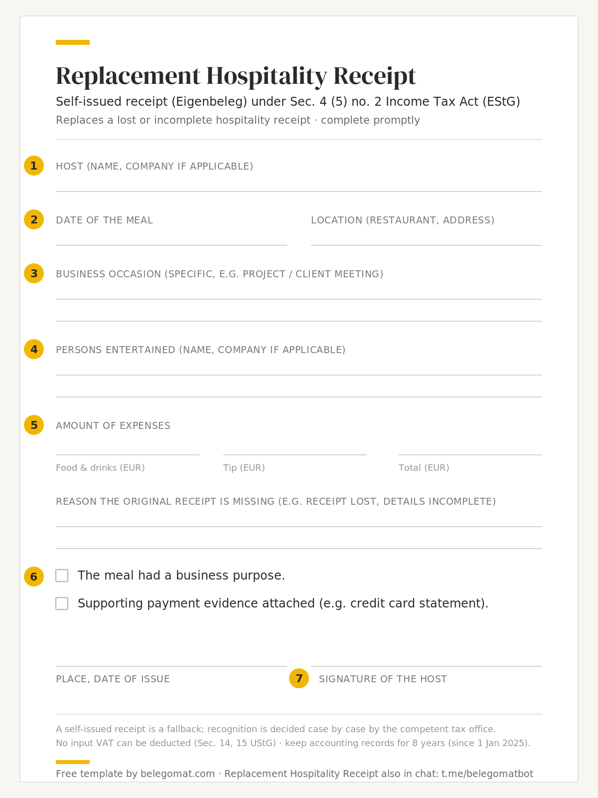 Annotated sample replacement hospitality receipt showing the seven required fields.