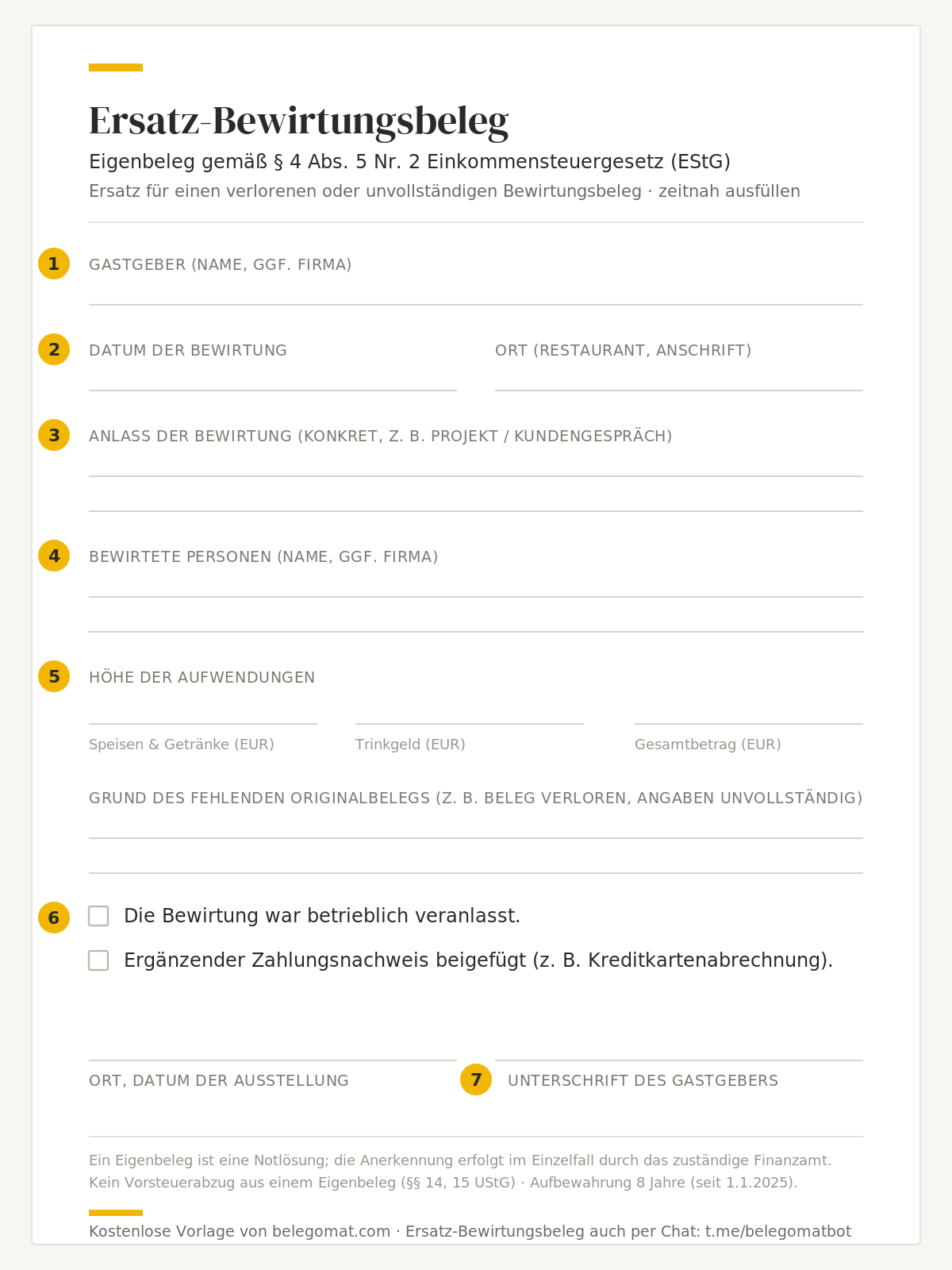 Muster eines Ersatz-Bewirtungsbelegs mit den sieben markierten Pflichtangaben.